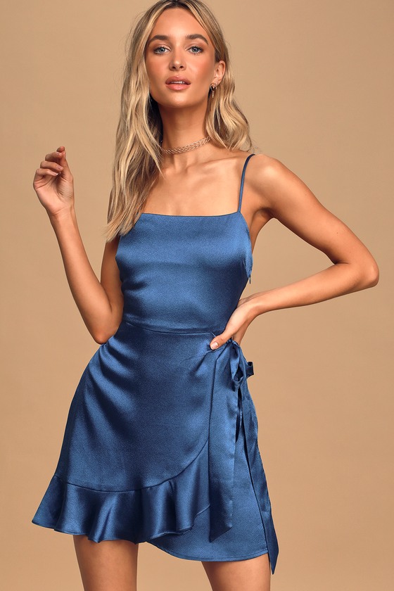 Chic Navy Blue Dress - Satin Mini Dress ...